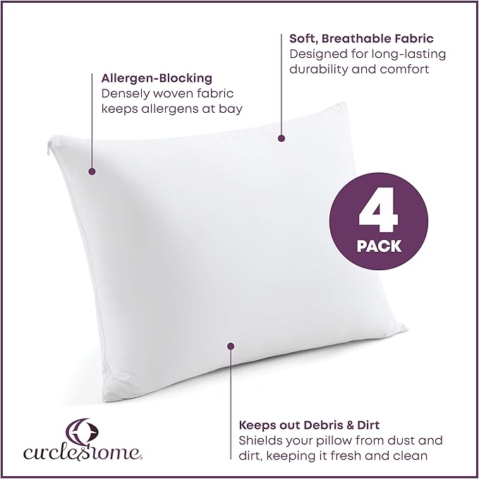 CirclesHome Pillow Protectors 4 Pack Standard Zippered - 100% Cotton Breathable Pillowcases - Protects Pillows from Dirt, Dust and Debri (Standard - Set of 4 - 20x26)
