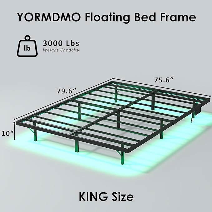 YORMDMO Floating Bed Frame King Size, Heavy Duty Bedframe with Smart LED Lights & Charging Station, Modern Metal Platform Bed, Easy Assembly No Box Spring Needed, 10 Inch