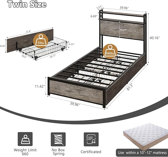 VINGLI Bed Frame Twin Size with 4 Storage Drawers and Headboard, Metal Platform Bed with Charging Station and RGB LED Lights, No Box Spring Needed, Noise Free, Easy Assembly, Wash Grey