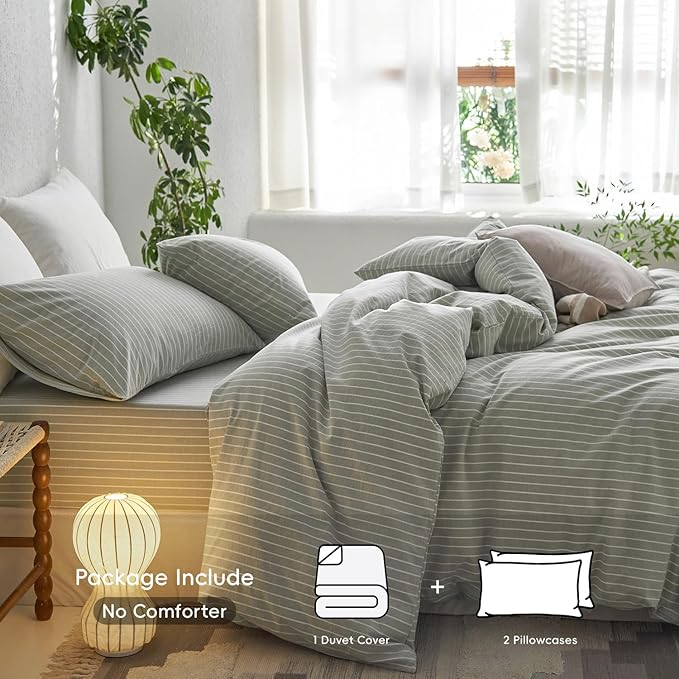 MooMee Striped Duvet Cover Set 100% Washed Cotton Linen Like Textured Breathable Durable Soft Comfy (Sage Green White Wide Stripes, Oversized Queen 98"x98")