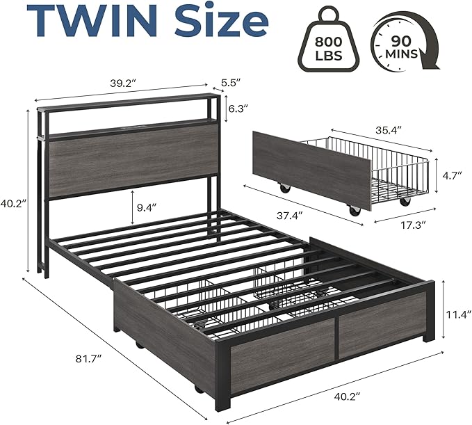 PHGLL Twin Bed Frame with 2-Tier Storage Headboard, Twin Size Metal Bed Frame with 2 Storage Drawers, 3-in-1 Charging Station & RGB LED, Noise-Free/Metal Support/No Box Spring Needed, Rustic Grey