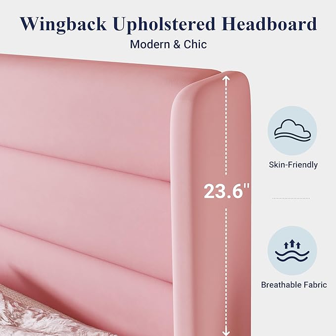 Allewie Full Size Platform Bed Frame with Velvet Upholstered Wingback Headboard, No Box Spring Needed, Under Bed Storage Space, Strong Wooden Slats, Modern Mattress Foundation, Easy Assembly, Pink