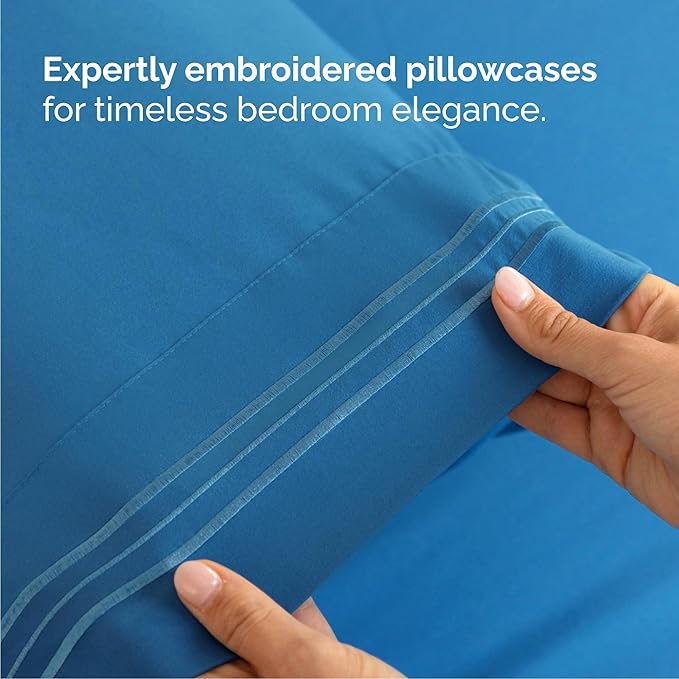Cal King Size 4 Piece Sheet Set - Comfy Breathable & Cooling Sheets - Hotel Luxury Bed Sheets for Women & Men - Deep Pockets, Easy-Fit, Soft & Wrinkle Free Sheets - Denim Blue Oeko-Tex Bed Sheet Set