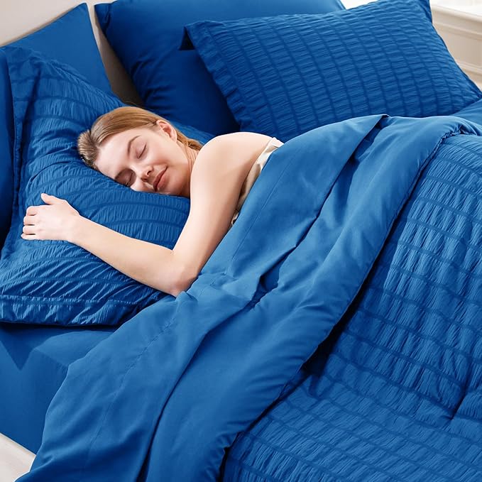 CozyLux Queen Comforter Set Classic Blue Seersucker 7 Pieces Bed in a Bag Queen Comforter Set with Sheets, Luxury Bedding Set with Down Alternative Comforter, Sheets, Pillowcases & Shams All Seasons