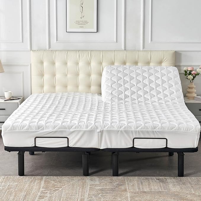 Kingnex Waterproof Quilted Split Top King Mattress Protector Pad for Adjustable Bed with Upper Flex 32-34 from Head Soft Padded Topper Noiseless Fitted Cover