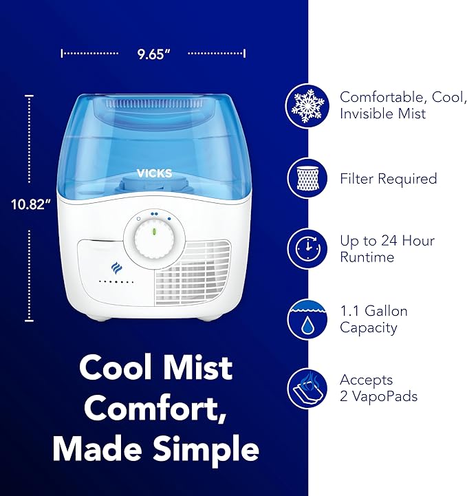 Vicks Filtered Cool Mist Humidifier, Medium Room, 1.1 Gallon Tank - Humidifier for Baby and Kids Rooms, Bedrooms and More, Works with Vicks VapoPads