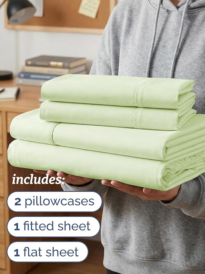 Twin XL 4 Piece Sheet Set - Comfy, Breathable & Cooling - Soft Hotel Luxury Bedding for Women, Men, Kids, Teens and Children - 1 Flat & 1 Fitted Sheet & 2 Pillowcases with Deep Pockets - Light Sage