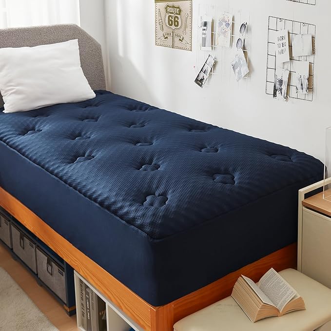Hansleep Twin Mattress Pad Topper Memory Foam, Twin Foam Mattress Topper Viscose Derived from Bamboo, Twin Size Bed Mattress Pad Cover for Back Pain Relief, 39" x 75", Navy Blue