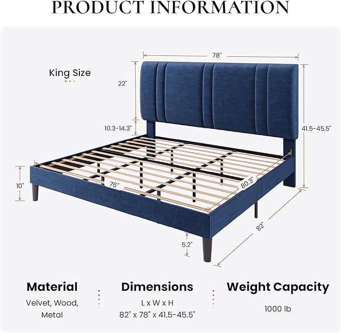 SHA CERLIN King Size Platform Bed Frame, Velvet Upholstered Bed with Adjustable Headboard, Vertical Channel Tufted Design, Sturdy Wood Slat Support, No Box Spring Needed, Easy Assembly, Dark Blue