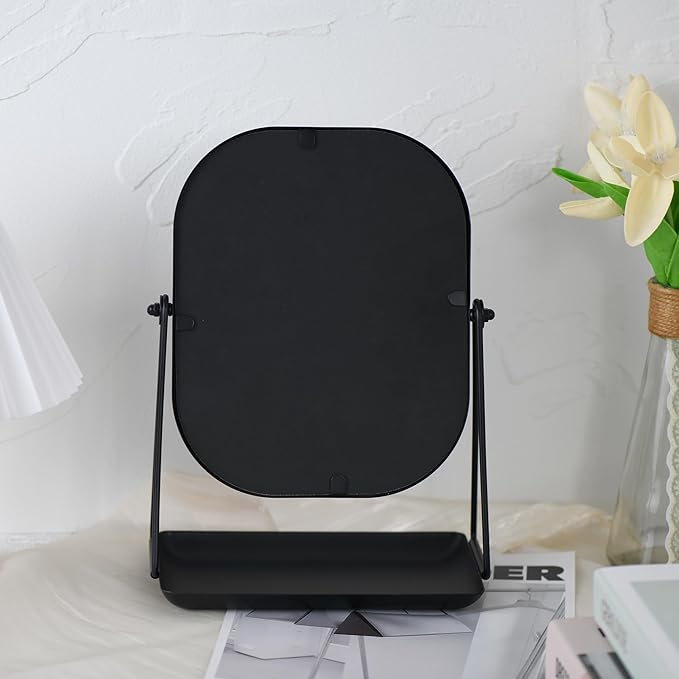 Tstarer 360 Degrees Rotating Metal Makeup Mirror with Storage, Vanity Mirror for Desk, Bathroom, Bedroom, Dressing Table (Black)