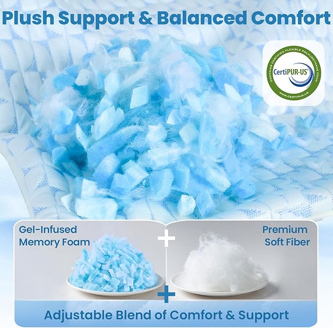 QUTOOL Firm Pillow Shredded Memory Foam, Cooling Pillow for Hot Sleeper, Adjustable Bed Pillow for Side Back Stomach Sleepers, Washable Cover, CertiPUR-US Certified, King Size