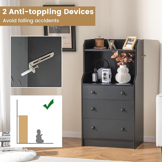 Tall 3 Drawers Dresser, Wood Chest of Drawers with 2 Open Shelves, Modern Nightstand with Anti-Toppling Device, Home Storage Cabinet Dresser Closet for Bedroom, Living Room, Entryway (Black)