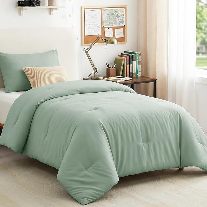 CozyLux Twin Comforter Set Sage Green, 2 Pieces Twin Extra Long Solid Breathable Bedding Sets for College Dorm, Twin XL Luxury Soft Bed Set with Down Alternative Comforter and 1 Pillowcase All Seasons