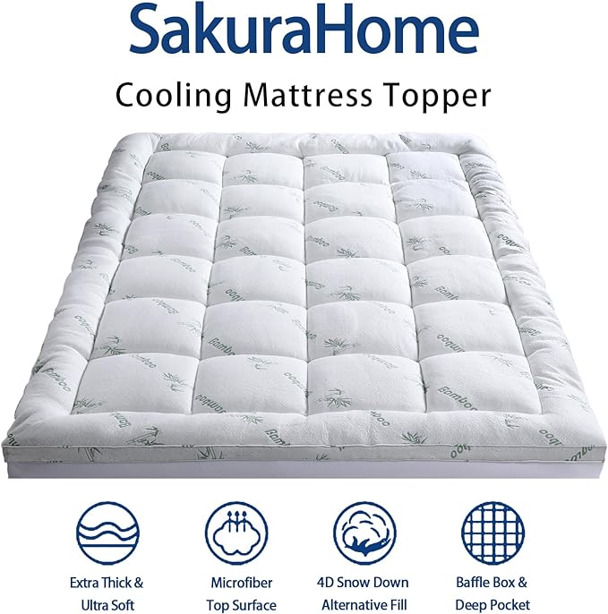 Mattress Topper Short Queen RV Size, Cooling Extra Thick Breathable Viscose Made from Bamboo Mattress pad, Soft Quilted Fitted Mattress Cover with 1000 GSM Down Alternative Fill (8-21”Deep Pocket)