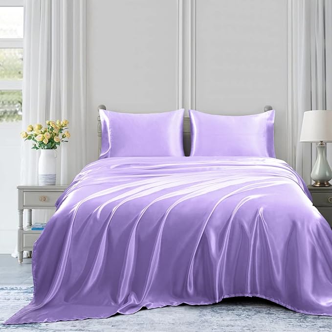 Homiest 3pcs Satin Sheets Set Luxury Silky Satin Bedding Set with Deep Pocket, 1 Fitted Sheet + 1 Flat Sheet + 1 Pillowcase (Twin Size, Lavender)