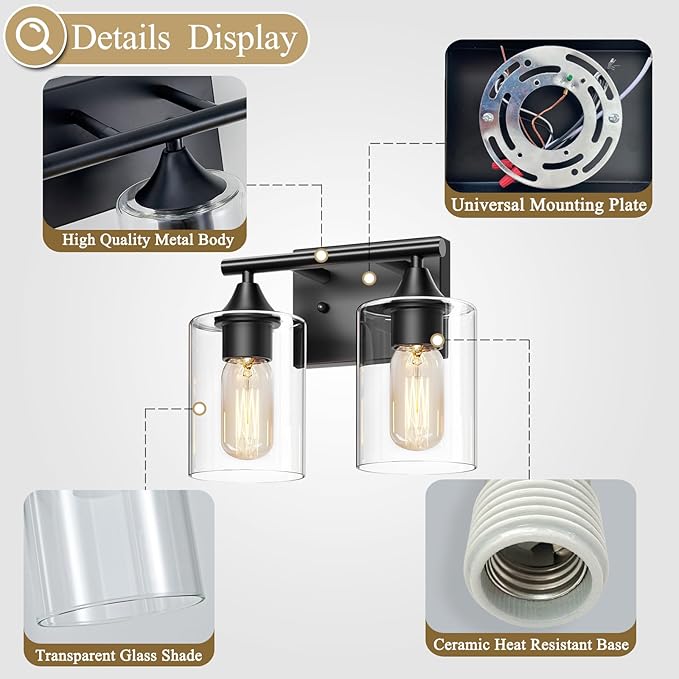 Vanity Lighting Fixtures,2-Light Bathroom Lights Over Mirror,Modern Sconces Wall Lighting with Clear Glass Shade,Light Fixture for Bathroom Bedroom Living Room Vanity Table Hallway