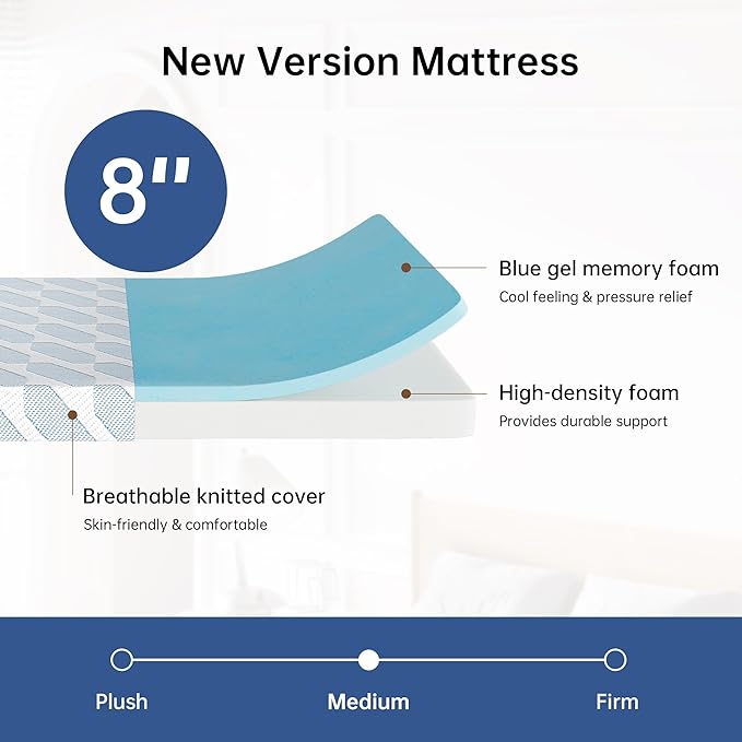 TFD Twin Size Mattress,8 Inch Cooling Gel Memory Foam Mattress in a Box for Pressure Relief, No Fiberglass, Motion Isolation, Removable Washable Cover, Medium Firm, 75''L x 38''W