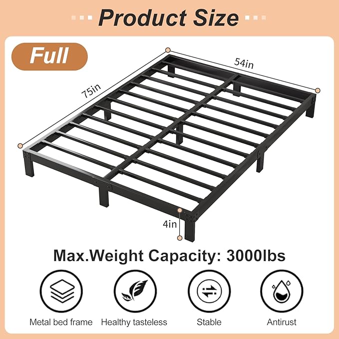 4 Inch Full Bed Frame Heavy Duty Metal Low Profile Platform No Box Spring Needed with Steel Slat Support,Easy Assembly,Noise-Free(4 inch,Full)