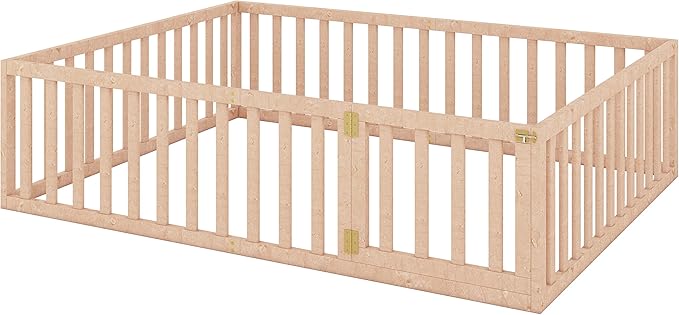 Bellemave Queen Size Montessori Floor Bed with 21.7" High Rails, Pine,Plywood Floor Bed with Small Door, Natural