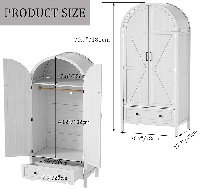 PAKASEPT Armoire Wardrobe Closet with Drawers and 2 Arched Fluted Doors, 70.9‘’ Tall Wooden Bedroom Armoire with LED Light & Shelves and Hanging Rod (White)