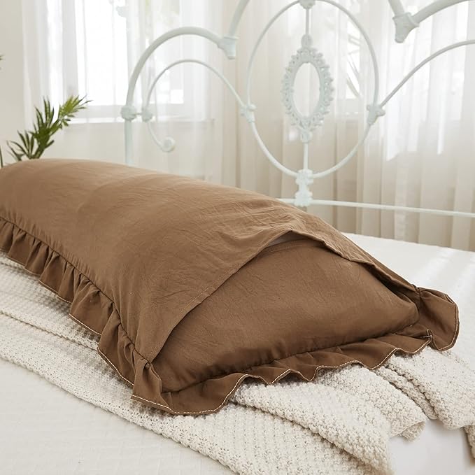 Brown Body Pillow Cover 20x54inches Long Pillowcase Ruffled Pillowcases Shabby Chic Ruffled Fringe Decor Body Ruffled Pillow Sham Cute Pillowcase (1 Body, Brown)