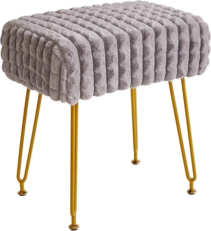 IBUYKE Rectangular Footrest Stool Ottoman, Makeup Vanity Stool Side Table, Velvet Dressing Table Seat, Footstool Chair, Golden Steel Legs, for Makeup Room, Bedroom, Square Grid Pattern, Grey WBD003G