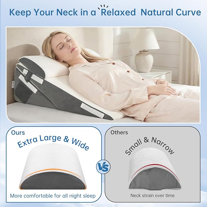 Vekkia 7-in-1 Adjustable Wedge Pillow Set for After Surgery – 2PCS Extra-Wide Bed Wedge Pillow for Adults, Ergonomic Headrest, Washable Cover for Acid Reflux, Back Pain, Sleeping, Snoring, White/Grey