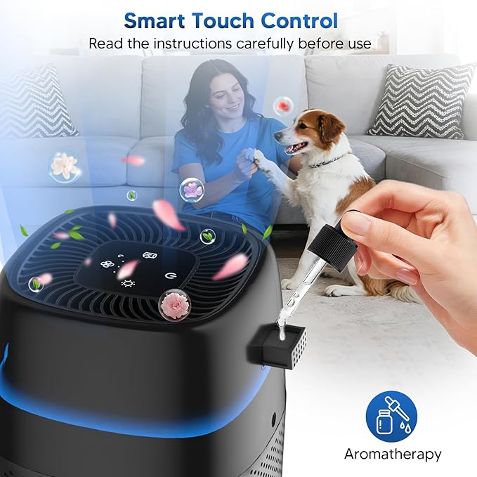 Air Purifier for Bedroom Up to 1250 ft², H14 True HEPA Air Purifier for Home Pets, Small Air Purifier with Sleep Mode, 4 Fan Speeds, 5 Night Light Modes, Fragrance Function