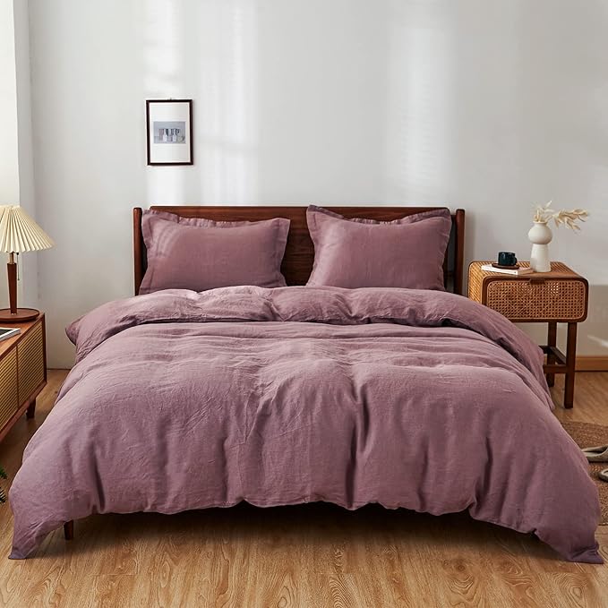 Simple&Opulence 100% Linen Duvet Cover Set 3pcs Basic Style Natural French Washed Flax Solid Color Soft Breathable Farmhouse Bedding with Button Closure - Purple, King