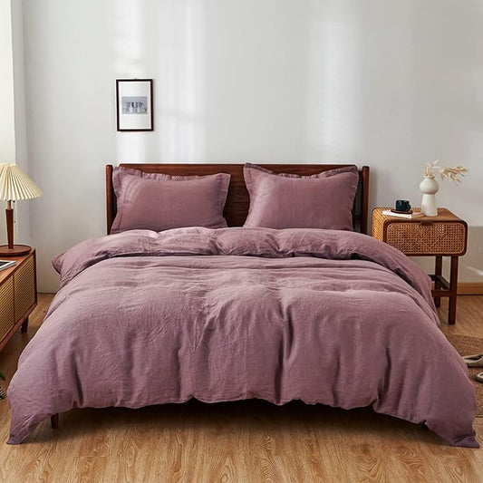 Simple&Opulence 100% Linen Duvet Cover Set 3pcs Basic Style Natural French Washed Flax Solid Color Soft Breathable Farmhouse Bedding with Button Closure - Purple, King