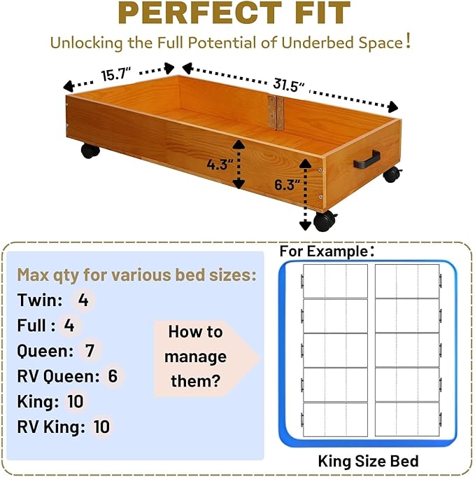 2-Pack Solid Wood Under Bed Storage with Wheels, Underbed Drawers Underneath with Handle - Wooden Crate Clothes Storage Containers Organizer (Light Brown) - Fits Any Size Bed