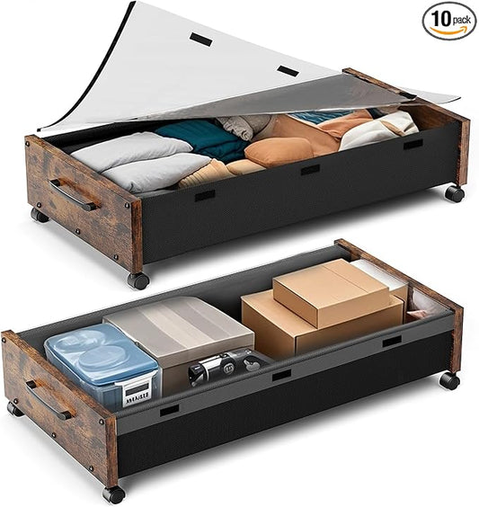 KITHELP Wooden Under Bed Storage with Wheels, 80L Extra-large Rolling Under the Bed Storage Bins 2 Pack with Removable Lid, Upgrade Metal Under Bed Drawers for Clothes Shoes Blankets in Bedroom