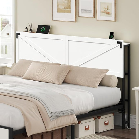 MAHANCRIS King Size Headboard Only, Headboard with 2 Outlets and 2 USB Ports, Farmhouse Headboard, with LED Lights, Secure Storage with Raised Fence, with Bed Frame Adapter, White and Black