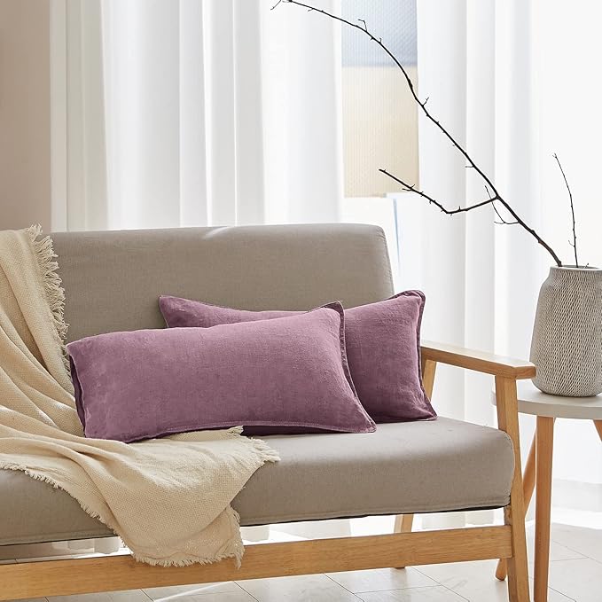 Simple&Opulence 100% Linen Lumbar Pillow Cover 12 x 20 Inches Set of 2 Rectangular Decorative Throw Cushion Cover for Couch Sofa Bed Living Room Office Soft Breathable Farmhouse - Purple