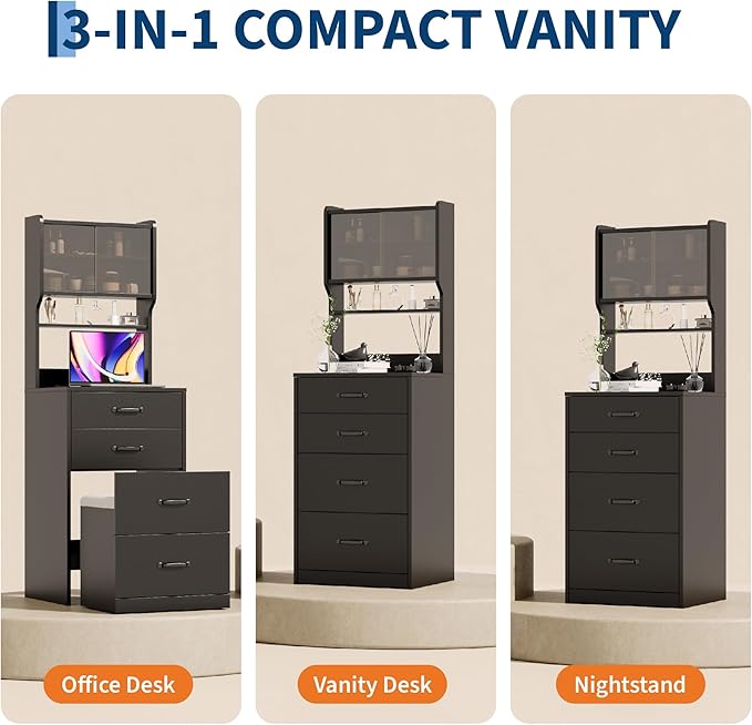 GarveeLife Compact Vanity, Make Up Vanity Desk with Mirror and Lights, White Vanity Table Set with Charger Station,Girls Small Vanity and Storage Chair
