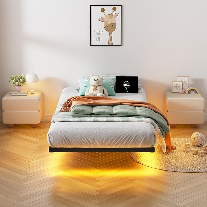 HAVONIZD Floating Bed Frame Twin with LED Lights and Charging Station - 8 inch Platform Bed Frame No Box Spring Needed, Easy Assembly