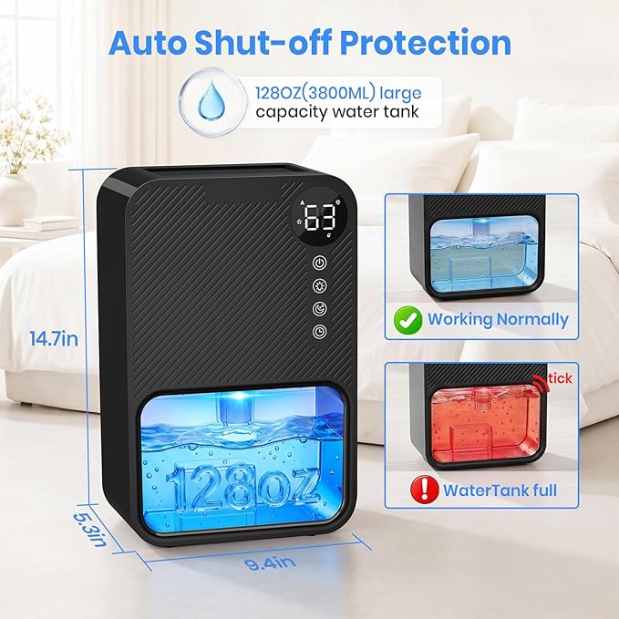 Dehumidifier,128oz Visible Water Tank 1000 sq.ft Dehumidifier for Home – Quiet Portable Unit with 24-Hour Timer, Auto Shut-off, Sleep Mode & 7-Color Night Light for Bathroom, Bedroom, Basement, RV