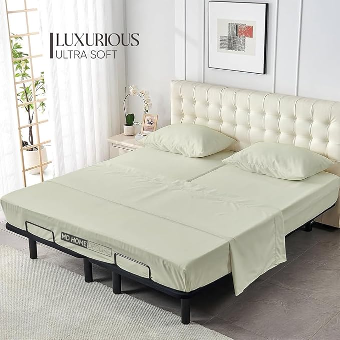 4 Piece Split Head Flex Sheet Set, 39" Top Split King Sheets for Adjustable Beds, 100% Egyptian Cotton, 16 Inch Deep Pocket, Soft Durable Breathable Sheets, Ivory Solid, Ideal for Adjustable Beds