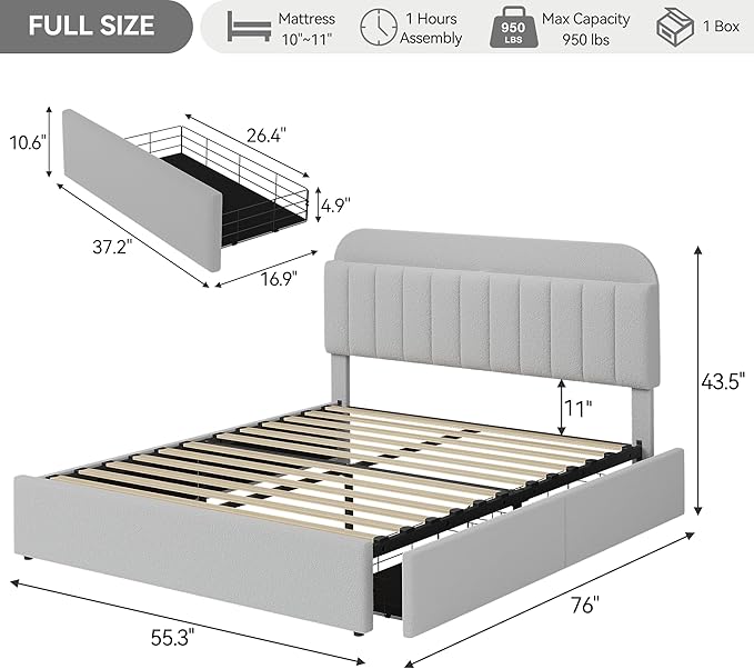 GarveeHome Full Bed Frame with Storage Headboard, Kids Bed Frame with 2 Drawers, Boucle Upholstered Platform Bed with Bookcase, No Box Spring Needed, Easy Assembly, Light Gray