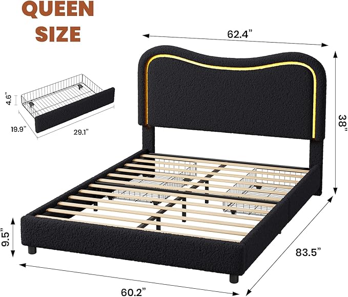 GarveeHome LED Queen Bed Frame with 2 Drawers and Headboard, Cute Upholstered Bed with Storage, Sturdy Platform Bed, No Box Spring Needed, Wooden Slats, Noise Free, Black