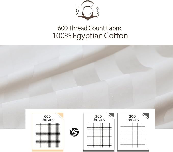 100% Egyptian Cotton Pillow Protectors Set of 2, 600 Thread Count Bed Pillow Cases with Zipper, Sateen Weave Cooling Pillow Cases Quiet and Breathable Easy Care (2PCS, Queen, Striped Light Beige)
