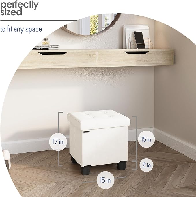 Storage Ottoman Cube with Small Bin, 15-in Square Ottoman with Storage for Living Room and Bedroom, Small Ottomans Foot Rest, Velvet Foot Stools Ottomans Max 330lbs, Cream
