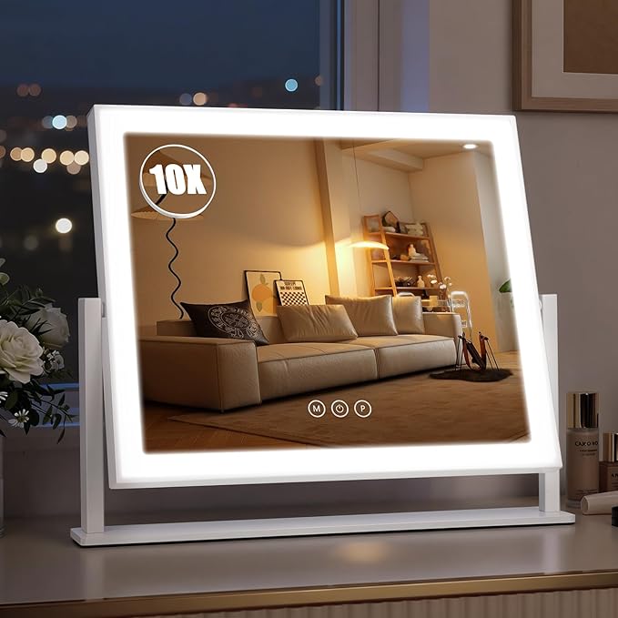 Vanity Mirror with Lights 16.7"x14", LED Makeup Mirror, 3 Color Lighting Modes, 10X Magnification, Smart Touch Control, Dimmable, Aluminum Metal Frame, Lighted Up for Vanity Desk (White)