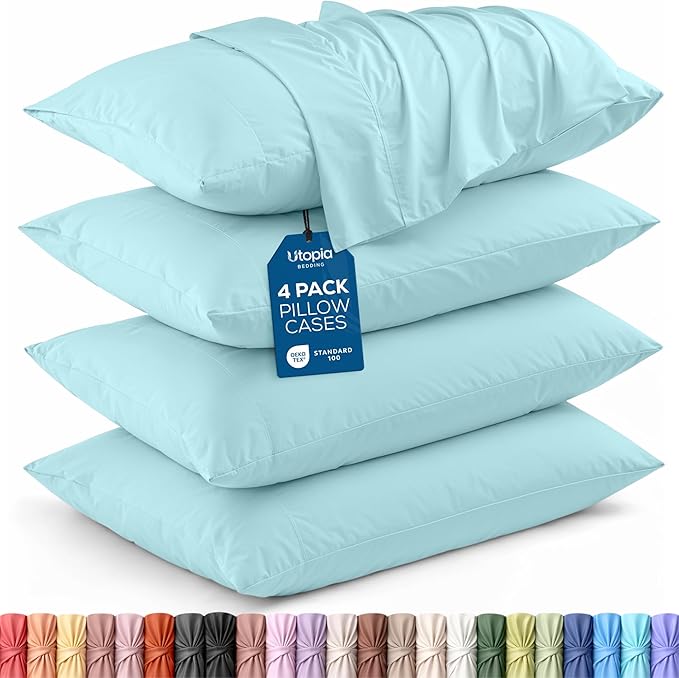 Utopia Bedding Standard Pillow Cases - 4 Pack - Envelope Closure - Soft Brushed Microfiber Fabric - Shrinkage and Fade Resistant Pillow Covers Standard Size 20 X 26 Inches (Standard, Spa Blue)