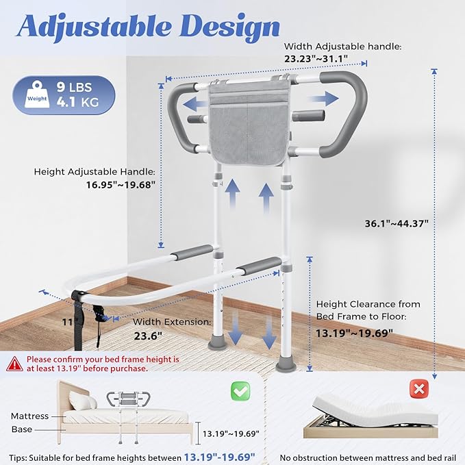 Bedside Rail for Elderly Safety Adjustable Bed Aid with Storage Pocket, Non-Slip Handle,400 lbs Gravity Capacity Gray(Stand-Compatible with Bed Frames 13.19" or Higher)