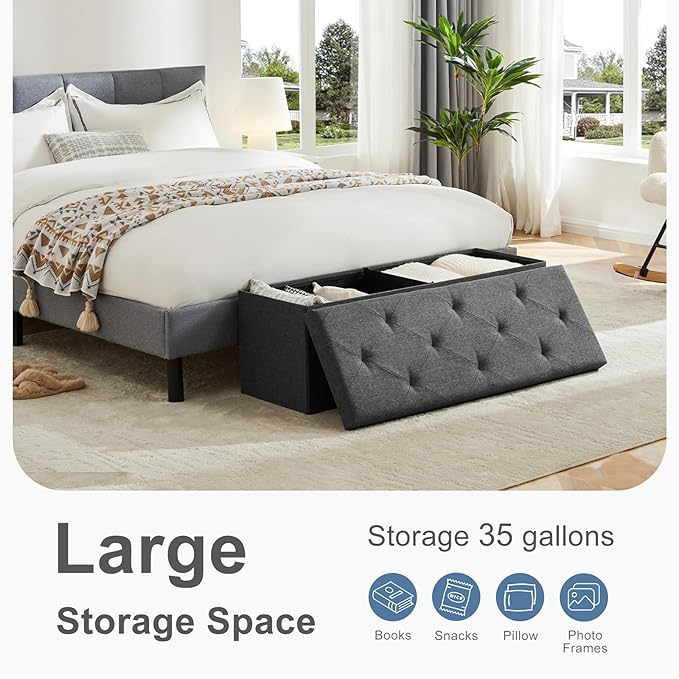 DUMOS 43in Storage Ottoman Bench, Storage Chest, End of Bed Foot Rest Stool with Padded Seat, Bedroom Bench for Living Room, Support 660lbs, Grey