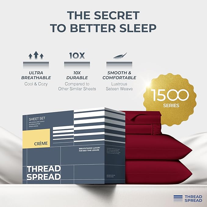 THREAD SPREAD 100% Egyptian Cotton King Size Sheets Set - Luxury 1500 Series Egyptian Cotton Sheets King Size (4 PC, Burgundy), Silky Soft, Sateen Weave, Cooling & Breathable, 17" Deep Pocket Bed Set