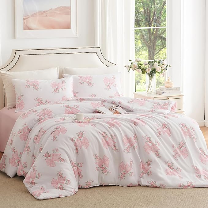 Nayoroom Pink Bow Duvet Cover Queen Size Coquette Pink Floral Duvet Cover 3 Pieces Soft Lightweight Microfiber Girls Cute Aesthetic Dorm Bedding Set