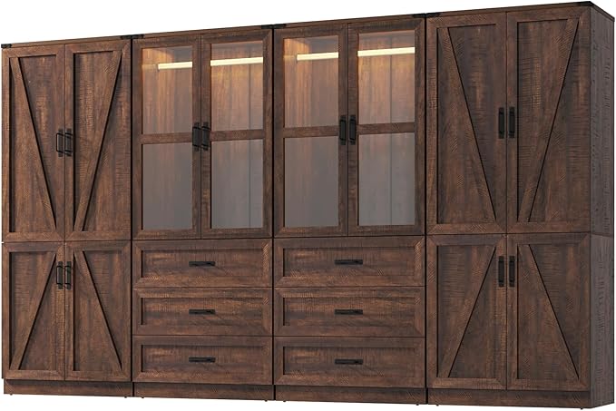 Hlivelood 75" Tall Farmhouse 8 Doors Armoire Wardrobe Closet with 6 Drawers and LED,Freestanding Closet Wardrobe Cabinet for Bedroom with Hanging Rod,Wooden Armoire Storage Cabinet(Brown 8 Doors)