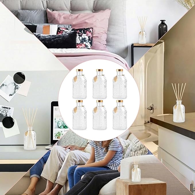 Glass Reed Diffusers Bottles for Home, Diffuser Bottles with 40PCS Reed Diffuser Sticks, Vintage Embossed Apothecary Style Flower Bud Vases with Cork Lids, Set of 6